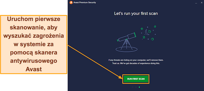 Zrzut ekranu przedstawiający spos&oacute;b uruchomienia pierwszego skanowania za pomocą programu Avast po jego zainstalowaniu