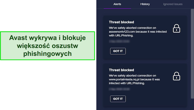 Zrzut ekranu przedstawiający Avast blokujący różne próby phishingu