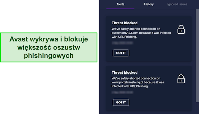 Zrzut ekranu przedstawiający Avast blokujący r&oacute;żne pr&oacute;by phishingu