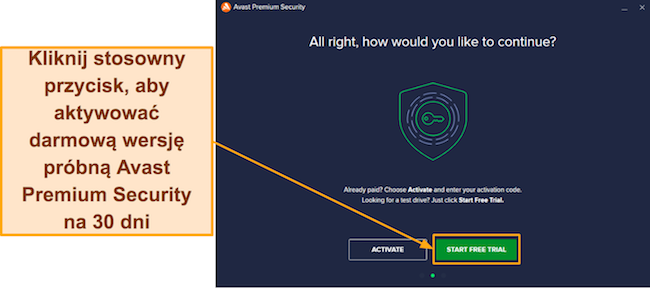 Zrzut ekranu pokazujący, jak aktywować 30-dniowy bezpłatny okres próbny Avast Premium Security z poziomu konfiguracji