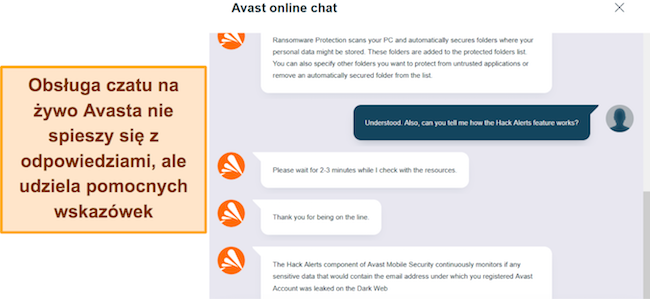 Zrzut ekranu przedstawiający rozmowę z obsługą czatu na żywo firmy Avast