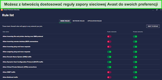 Zrzut ekranu konfiguracji zapory ogniowej Avast