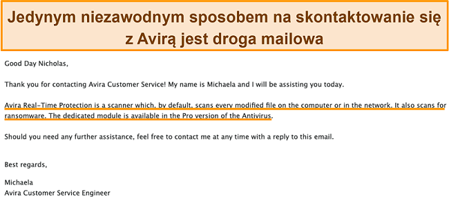 Zrzut ekranu wymiany wiadomości e-mail między programem antywirusowym Avira a klientem