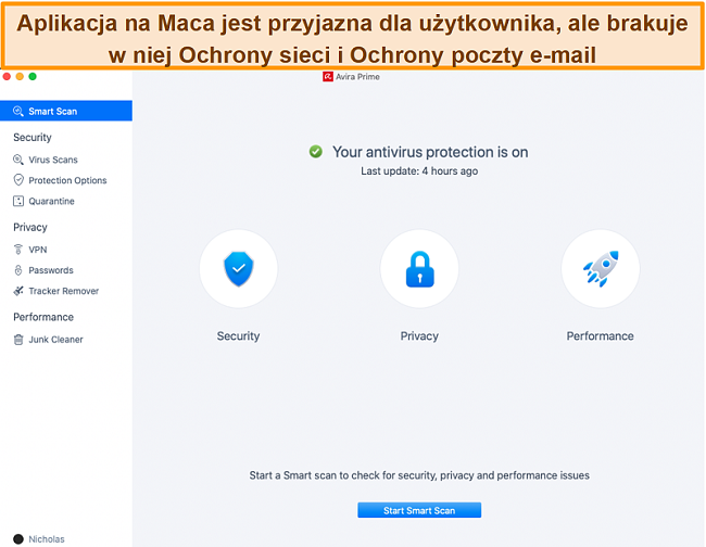 Zrzut ekranu programu Avira Antivirus na komputerze Mac.