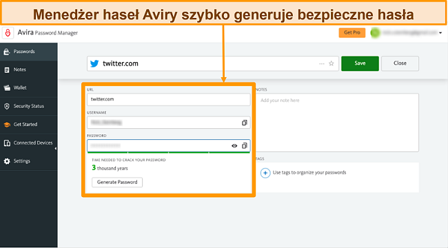 Zrzut ekranu programu Avira Password Manager