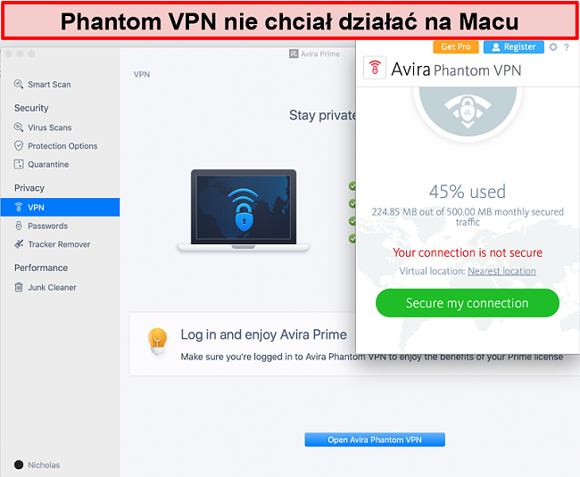 Zrzut ekranu programu Avira Phantom VPN na komputerze Mac.