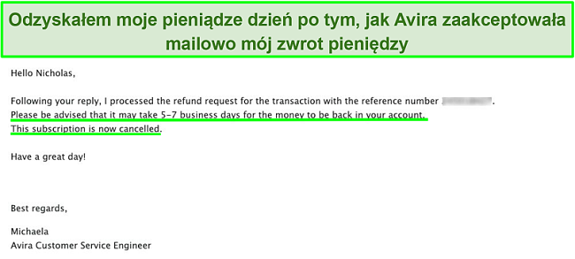 Zrzut ekranu wiadomości e-mail z obsługą klienta Avira z prośbą o zwrot pieniędzy