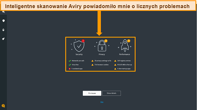 Zrzut ekranu strony wyników skanowania Avira Antivirus Smart Scan.