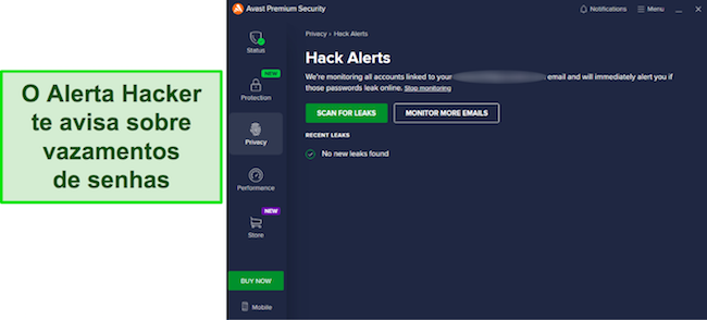 Captura de tela do recurso Hack Alerts do Avast monitorando um endereço de e-mail
