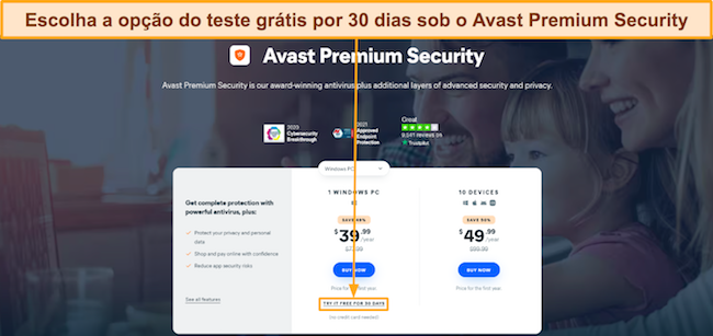 Captura de tela mostrando como obter o teste gratuito de 30 dias do Avast Premium Security