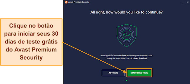 Captura de tela mostrando como ativar o teste gratuito de 30 dias do Avast Premium Security desde a configuração