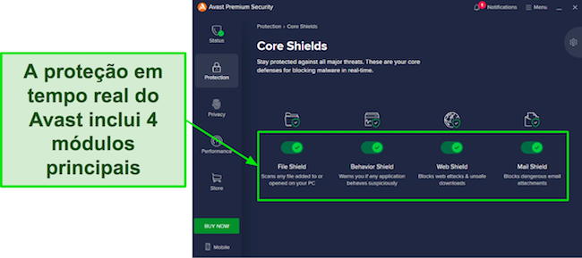 Captura de tela dos escudos de proteção em tempo real do Avast