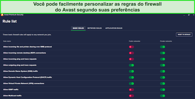 Captura de tela da configuração do firewall do Avast