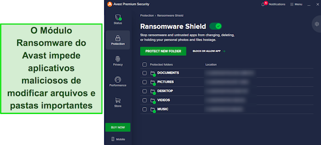Captura de tela da lista de pastas protegidas do Escudo Ransomware do Avast
