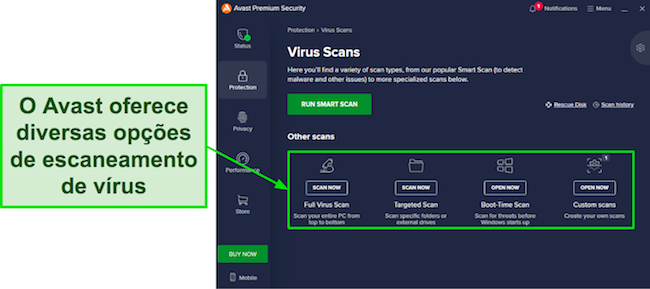 Captura de tela das verificações de vírus disponíveis do Avast