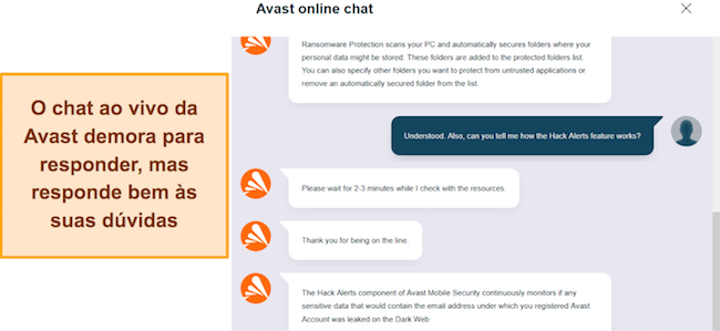 Captura de tela de uma conversa com o suporte de chat ao vivo do Avast