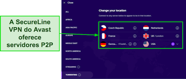 Captura de tela mostrando os servidores otimizados para P2P disponíveis na VPN do Avast