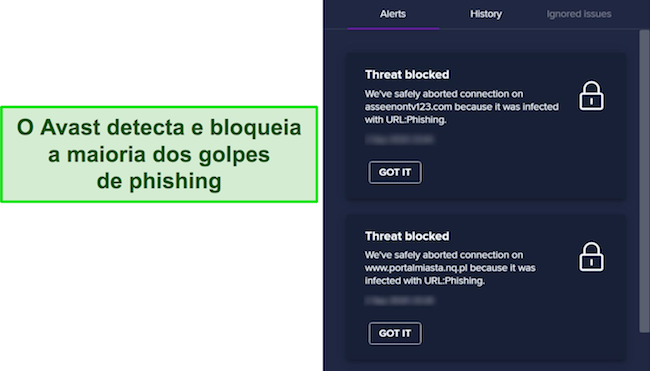 Captura de tela do Avast bloqueando várias tentativas de phishing