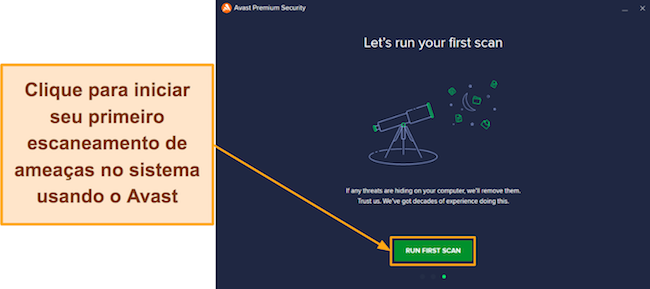 Captura de tela mostrando como executar sua primeira verificação usando o Avast após instalá-lo