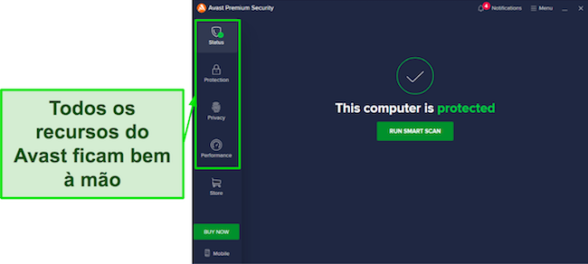 Captura de tela da interface intuitiva da área de trabalho do Avast