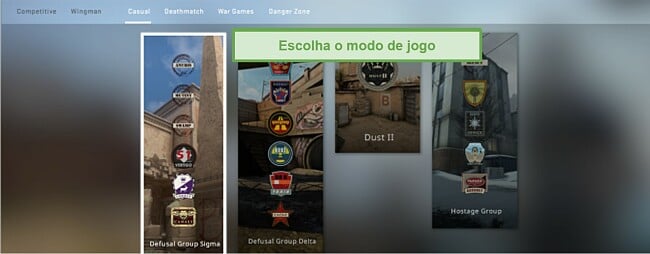 Captura de tela dos modos de jogo CSGO
