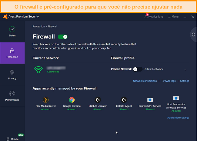 Captura de tela da tela do firewall do Avast.