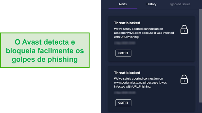 Captura de tela do Avast alertando sobre domínios de phishing e bloqueando o acesso a eles.