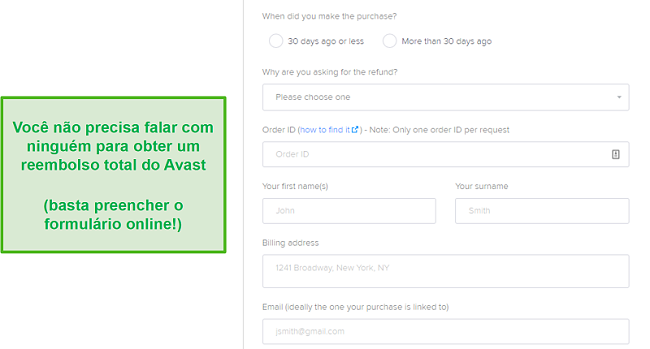 Captura de tela do formulário de envio de reembolso do Avast.