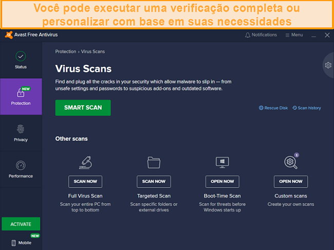 Visão geral das verificações de ameaças do Avast, desde a verificação de inicialização até a verificação completa de todo o sistema.