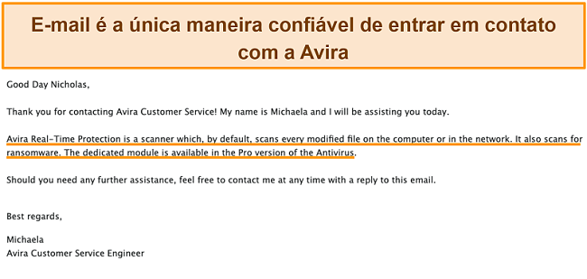 Captura de tela de uma troca de e-mail entre o antivírus Avira e um cliente