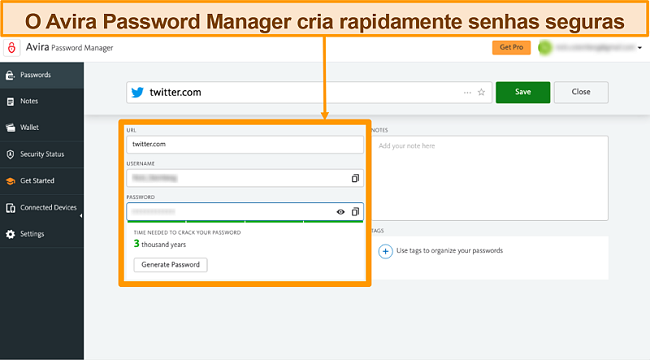 Captura de tela do Avira Password Manager