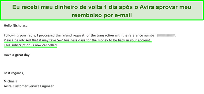 Captura de tela do e-mail com o suporte ao cliente Avira solicitando um reembolso