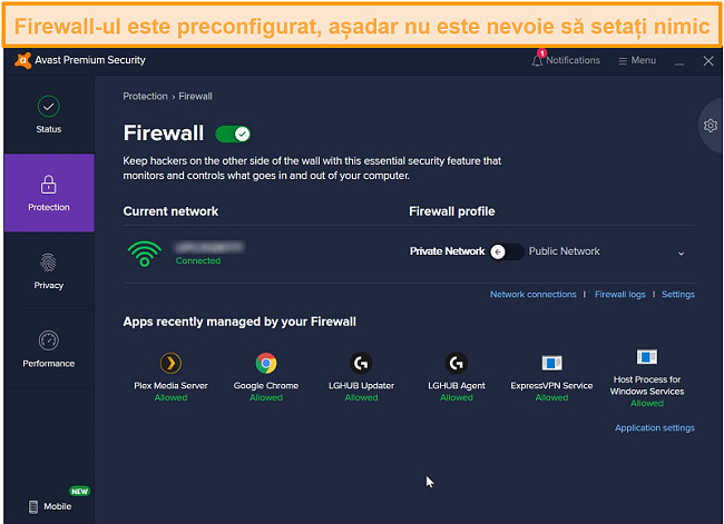 Captură de ecran a ecranului firewall Avast.