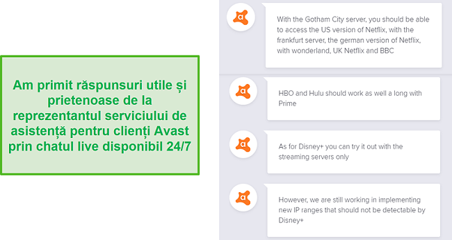 Captură de ecran a unui chat live cu un agent de asistență Avast