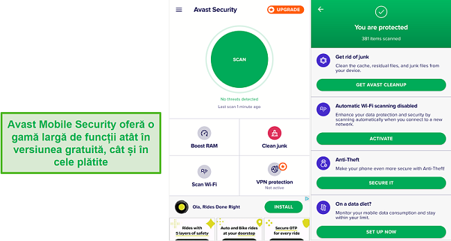 Captură de ecran a funcțiilor aplicației mobile Avast.