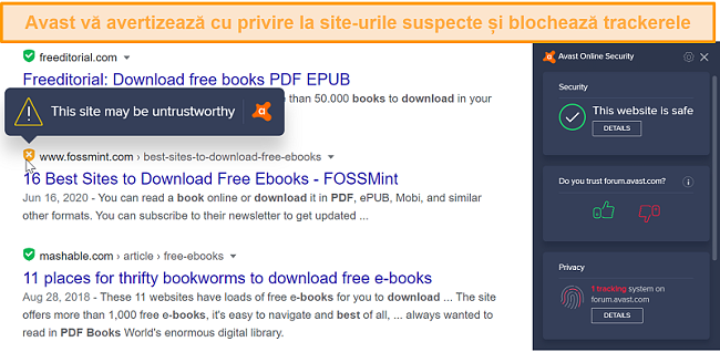 Captură de ecran a pluginului de securitate online al browserului Avast care avertizează un site suspect