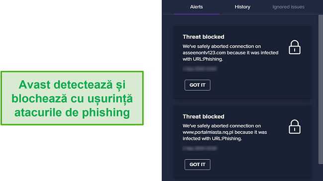 Captură de ecran avertismentului Avast privind domeniile de phishing și blocarea accesului la acestea.