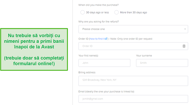 Captură de ecran a formularului de trimitere a rambursărilor Avast.