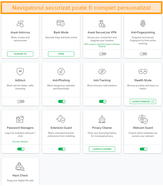 Captură de ecran a opțiunilor browserului securizat Avast.