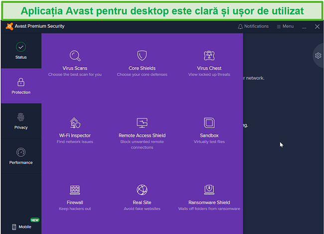Captură de ecran a meniului Protecție desktop Avast