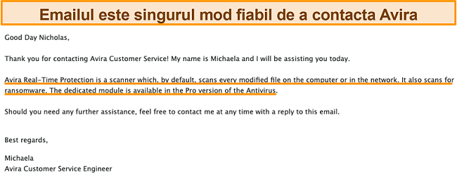 Captură de ecran a unui schimb de e-mail între antivirusul Avira și un client
