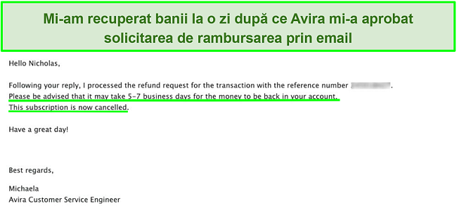 Captură de ecran a e-mailului cu asistența pentru clienți Avira care solicită o rambursare