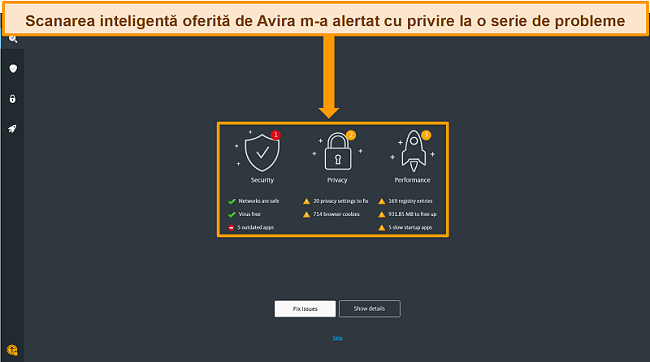 Captură de ecran a paginii cu rezultatele scanării inteligente Avira Antivirus.