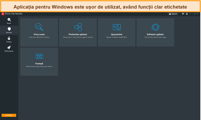 Captură de ecran a Avira Antivirus pe Windows.