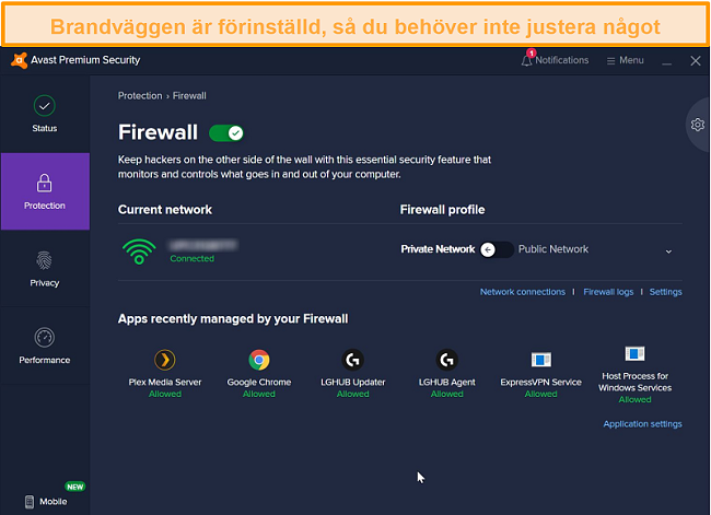 Skärmdump av Avasts brandväggsskärm.