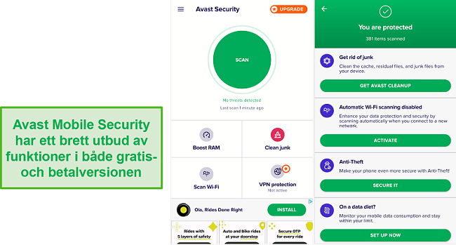 Skärmdump av Avasts mobilappfunktioner.