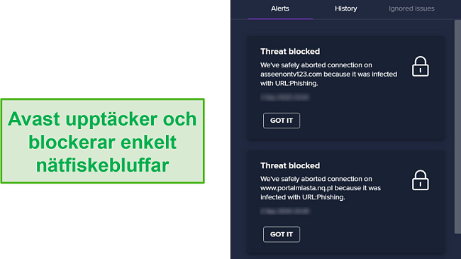 Skärmdump av Avast varning för phishing-domäner och blockerar åtkomst till dem.