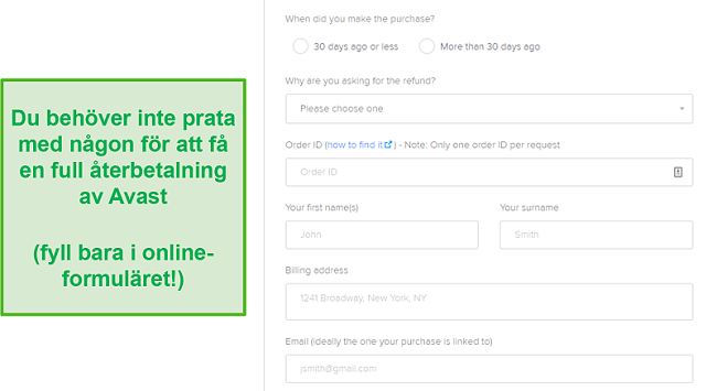 Skärmdump av Avasts återbetalningsformulär.