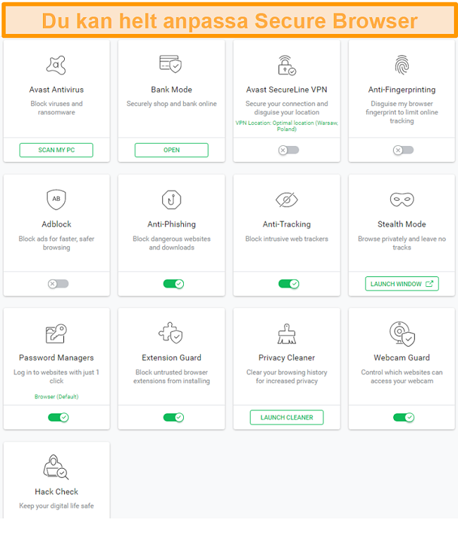 Skärmdump av Avasts alternativ för säker webbläsare.