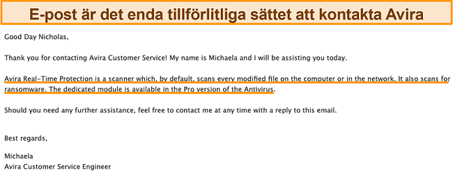 Skärmdump av ett e-postutbyte mellan Avira antivirus och en kund